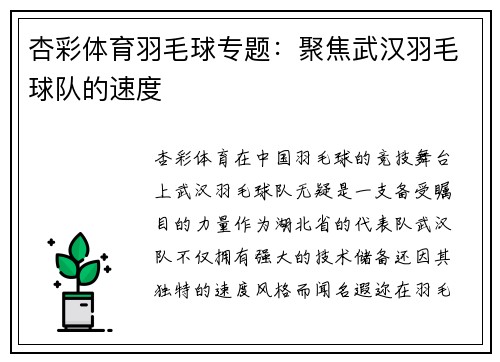杏彩体育羽毛球专题：聚焦武汉羽毛球队的速度