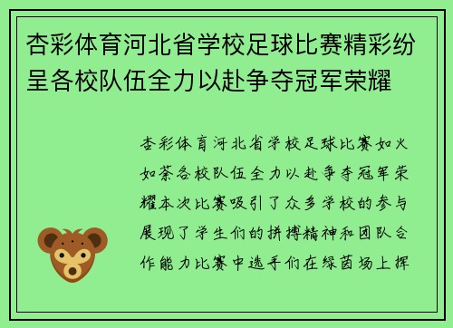 杏彩体育河北省学校足球比赛精彩纷呈各校队伍全力以赴争夺冠军荣耀